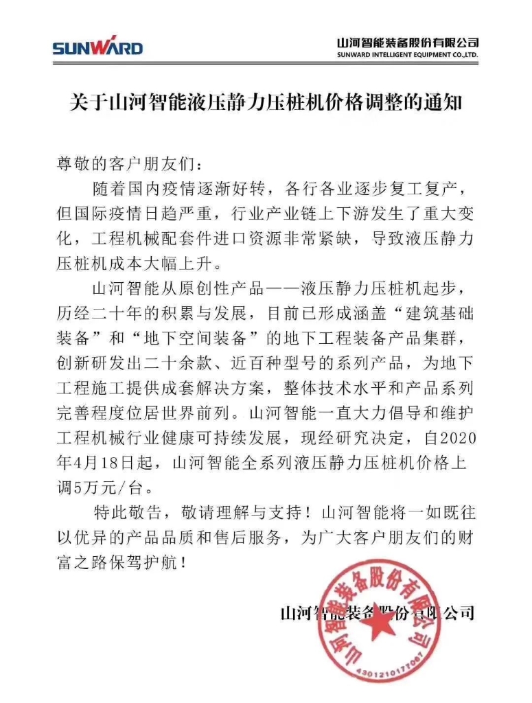 关于55世纪智能液压静力压桩机价格调整的通知